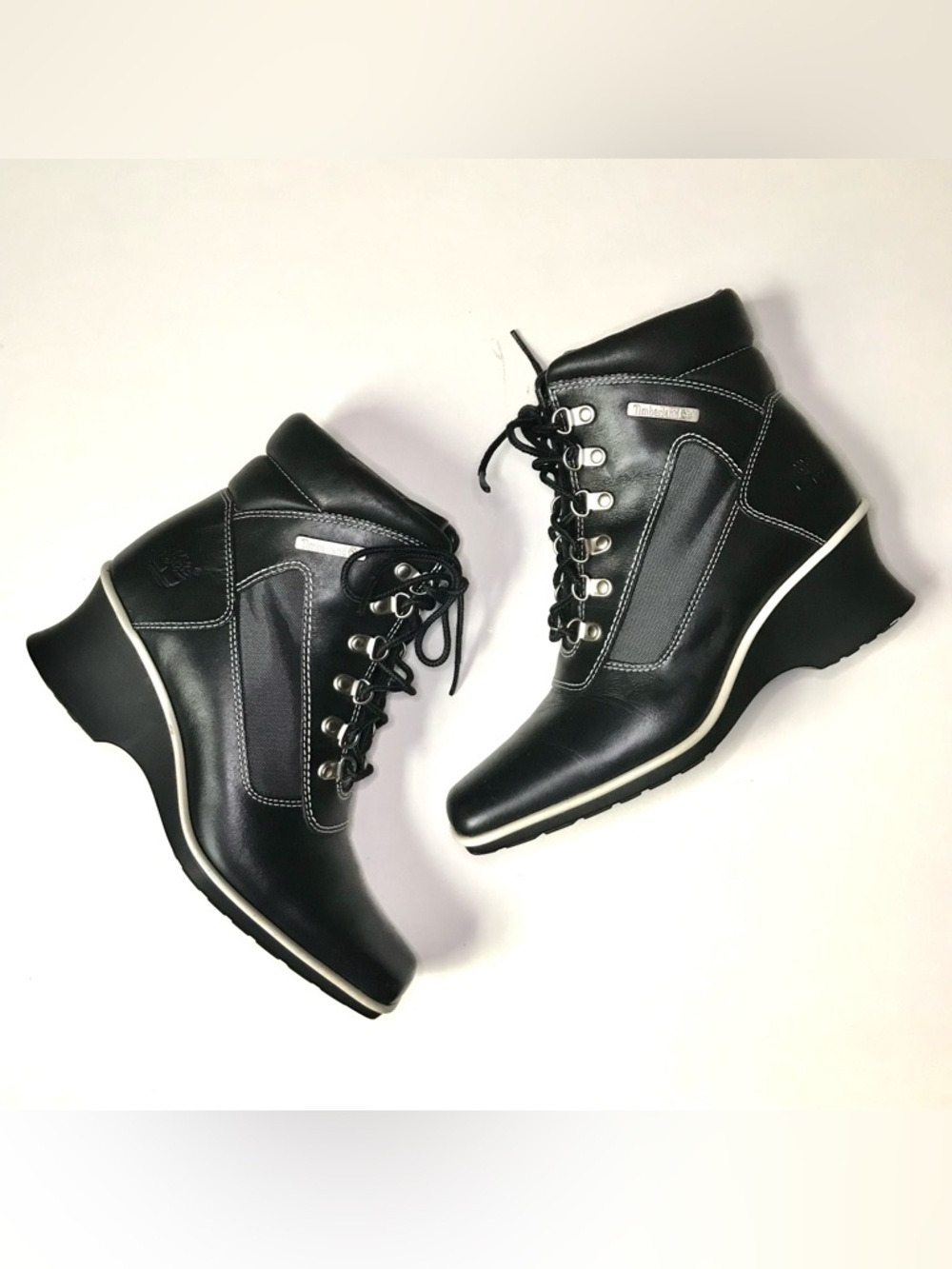 TIMBERLAND Hill Wedge Ankle Boots Size 5.5 Leather lace-up Black with White trim
